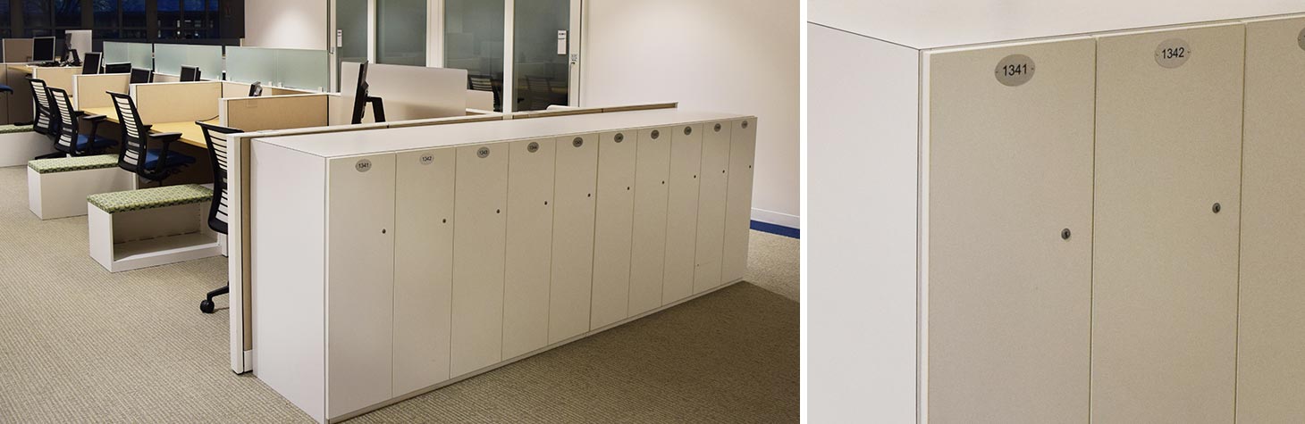 custom lockers at the end of a bank of workstations