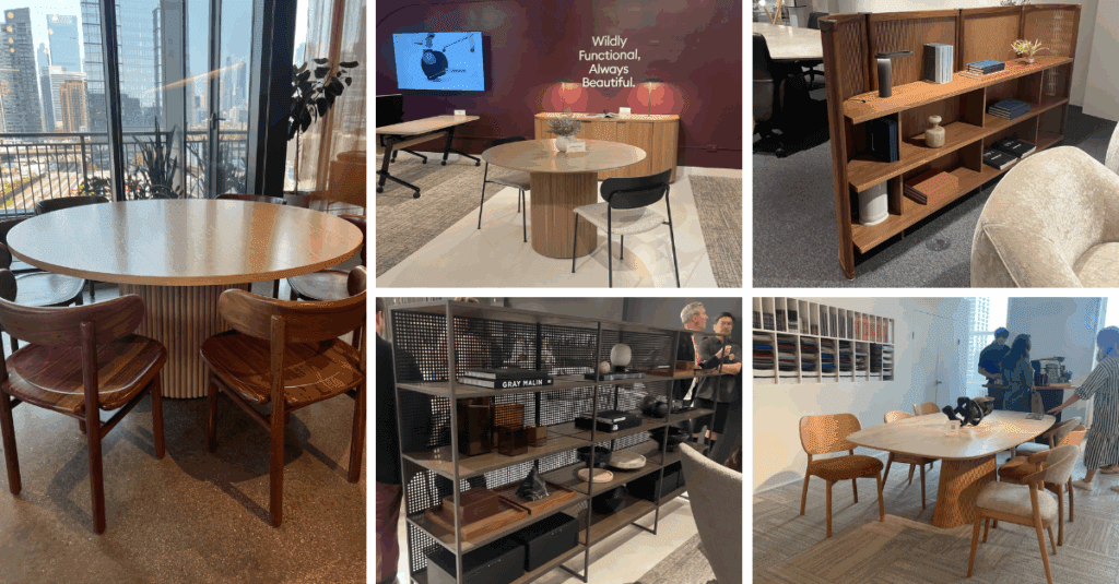 Round tables, soft-edged chairs, arched forms