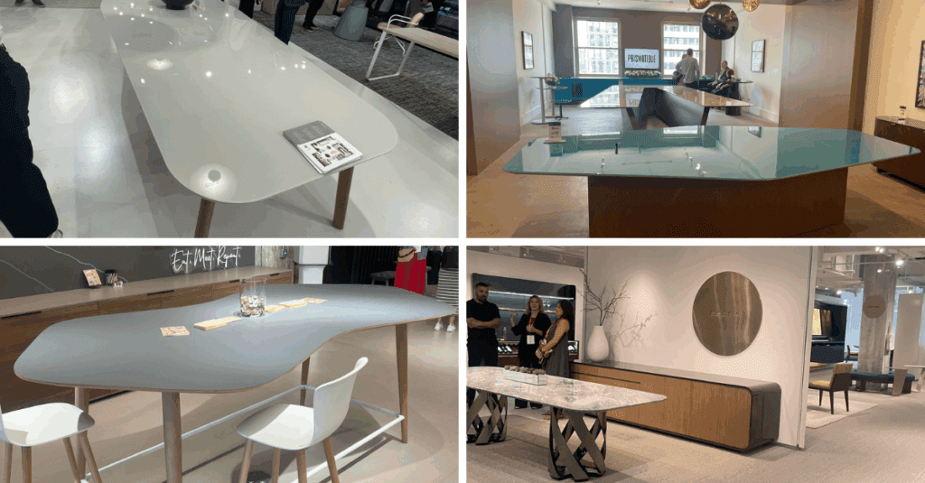 Round tables, soft-edged chairs, arched forms