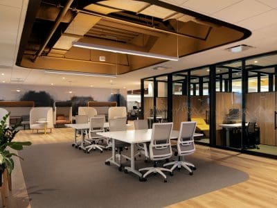 demountable walls within open office floor plan